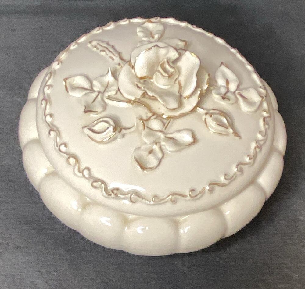 Vintage 1950s Claire Lerner Ceramic Candy Dish w/ Lid Rose Floral Top Gold Trim